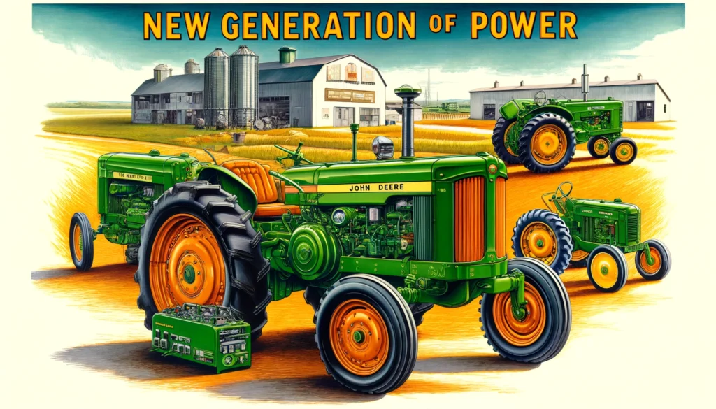 John Deere - A detailed and vivid illustration of the 1960 launch of the 'New Generation of Power' tractors by John Deere. Show the 3010 and 4010 models with signi