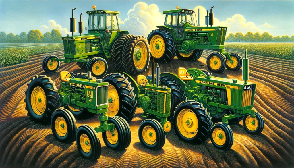 John Deere Tractor History -- A detailed and vivid illustration of the 1970s introduction of the 'Generation II' tractors by John Deere. Show the 4030, 4230, 4430, and 4630 models 1