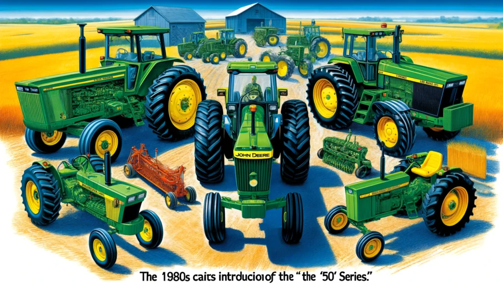 John Deere Tractor History -- A detailed and vivid illustration of the 1980s introduction of the '50 Series' tractors by John Deere. Show the 4050, 4250, 4450, and 4650 models in a2