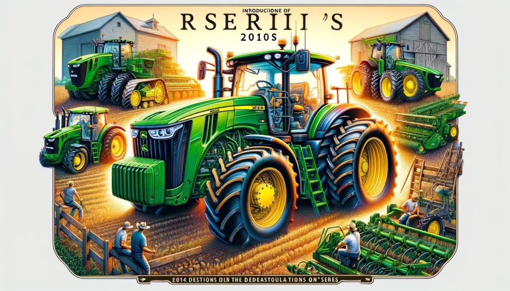 John Deere Tractor History -- A detailed and vivid illustration of the 2010s introduction of the 'R Series' tractors by John Deere. Show models like the 7R, 8R, and 9R series in a 5