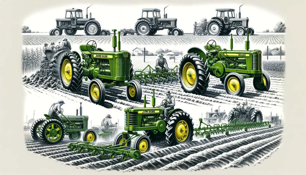 John Deere Tractor History A detailed illustration of the John Deere '20 Series' tractors introduced in 1956, including the 420, 520, 620, and 720 models. Show these tractors in4