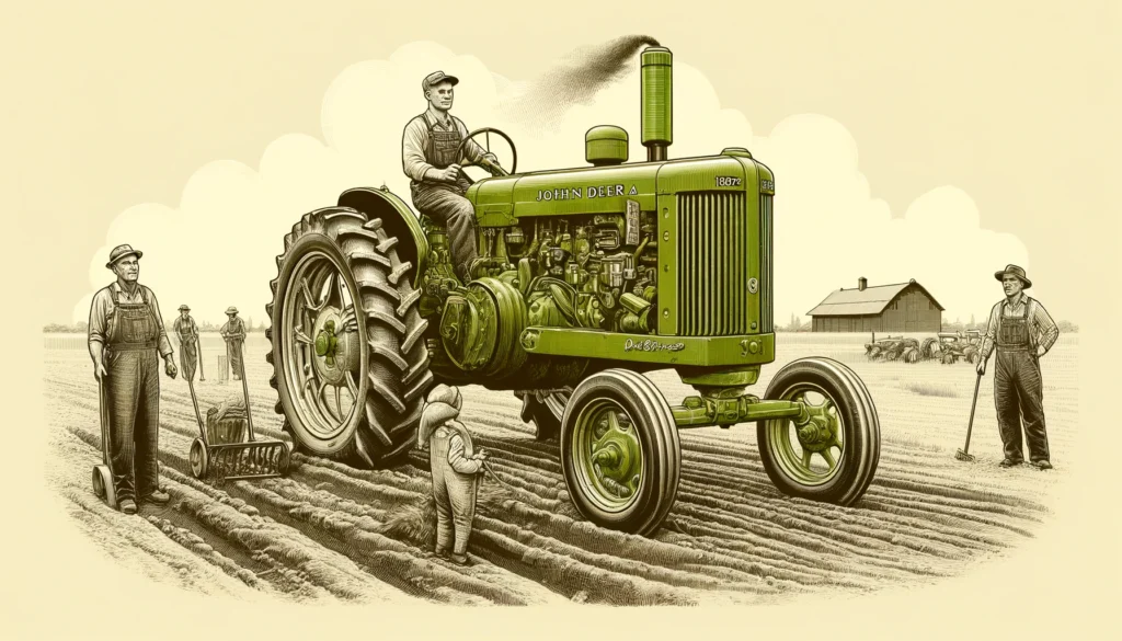 John Deere Tractor History A detailed illustration of the first John Deere diesel tractor, the Model R, introduced in 1947. Show the tractor being used in a post World War II fa3